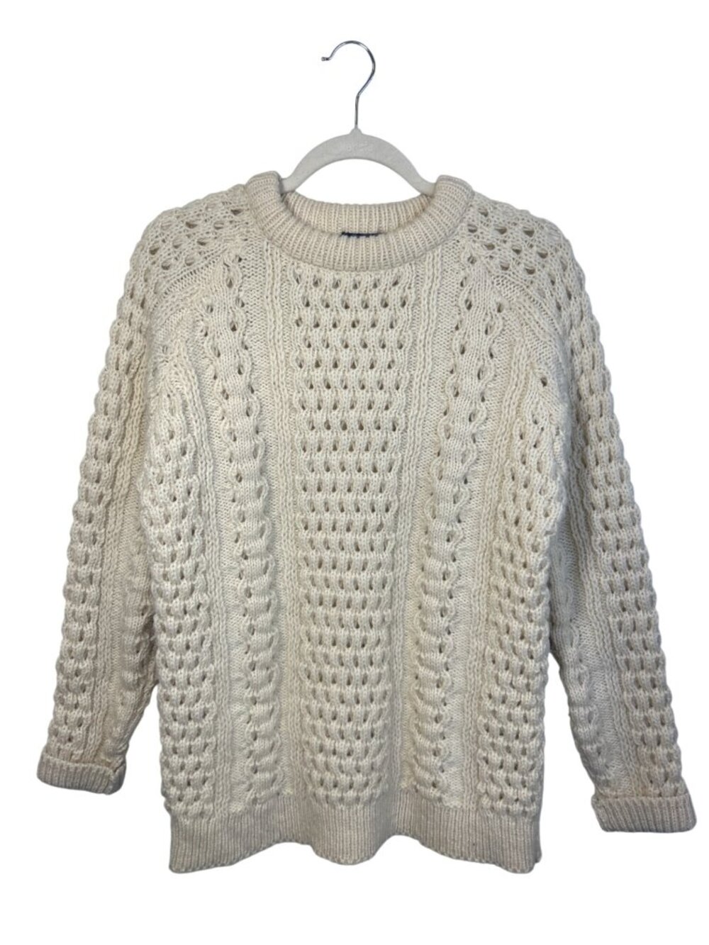Vtg Lands’ End Irish Aran Cable Knit Fisherman Sweater Women’s L 100% Wool Cream - Picture 1 of 11